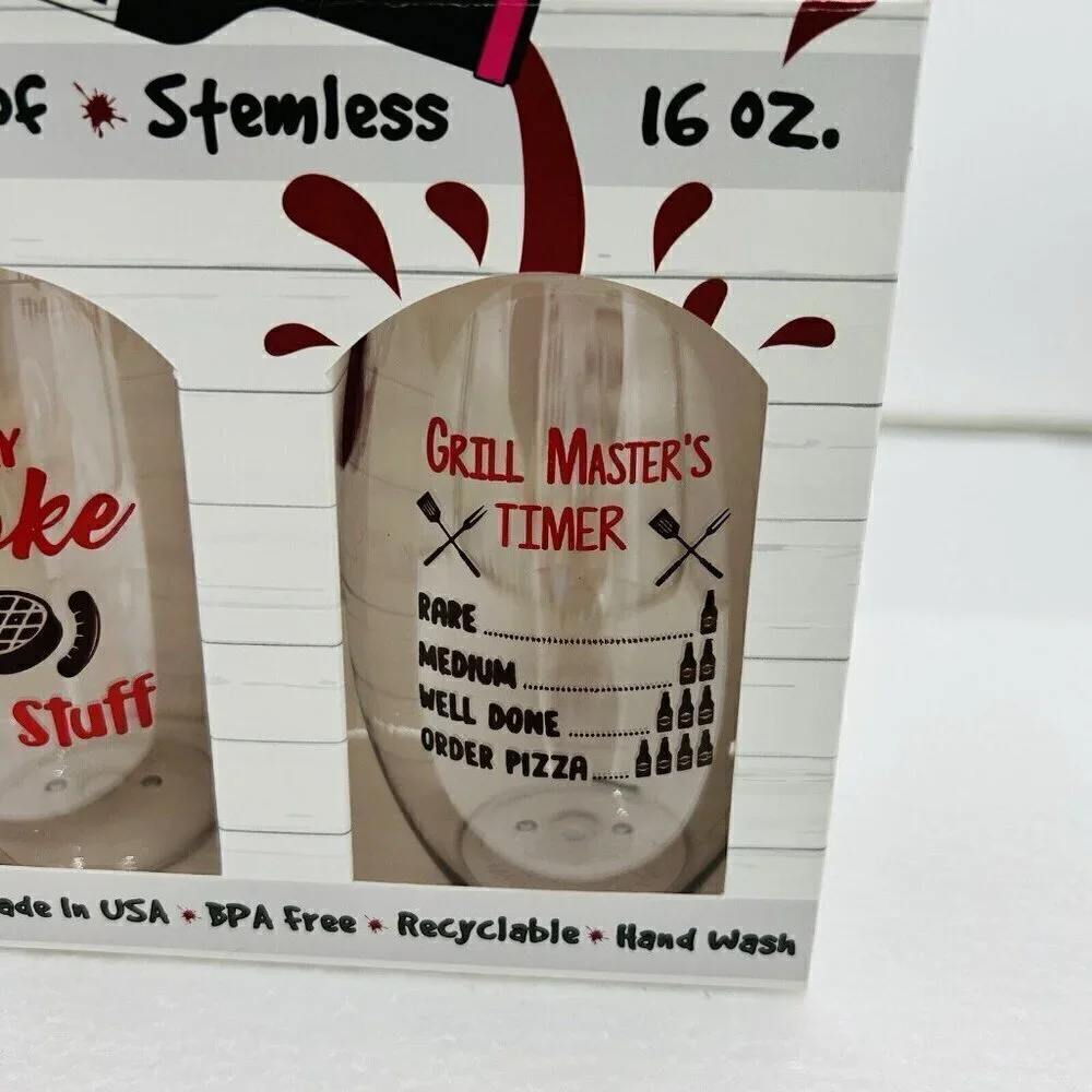WINE-OH Shatterproof Stemless Wine Glasses BBQ Grill Set 2 NIB 16oz Novelty